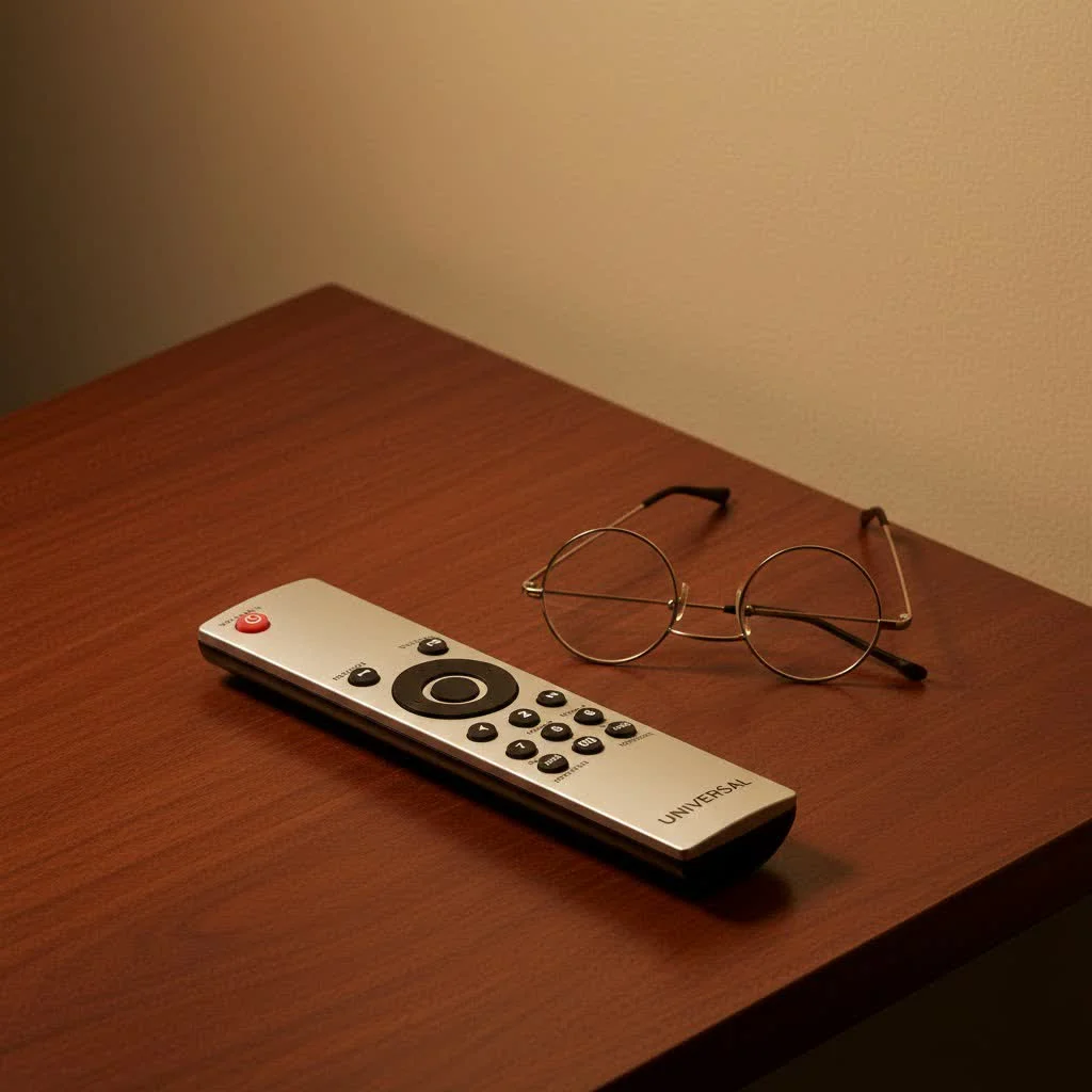 GE universal remote control on a wooden table