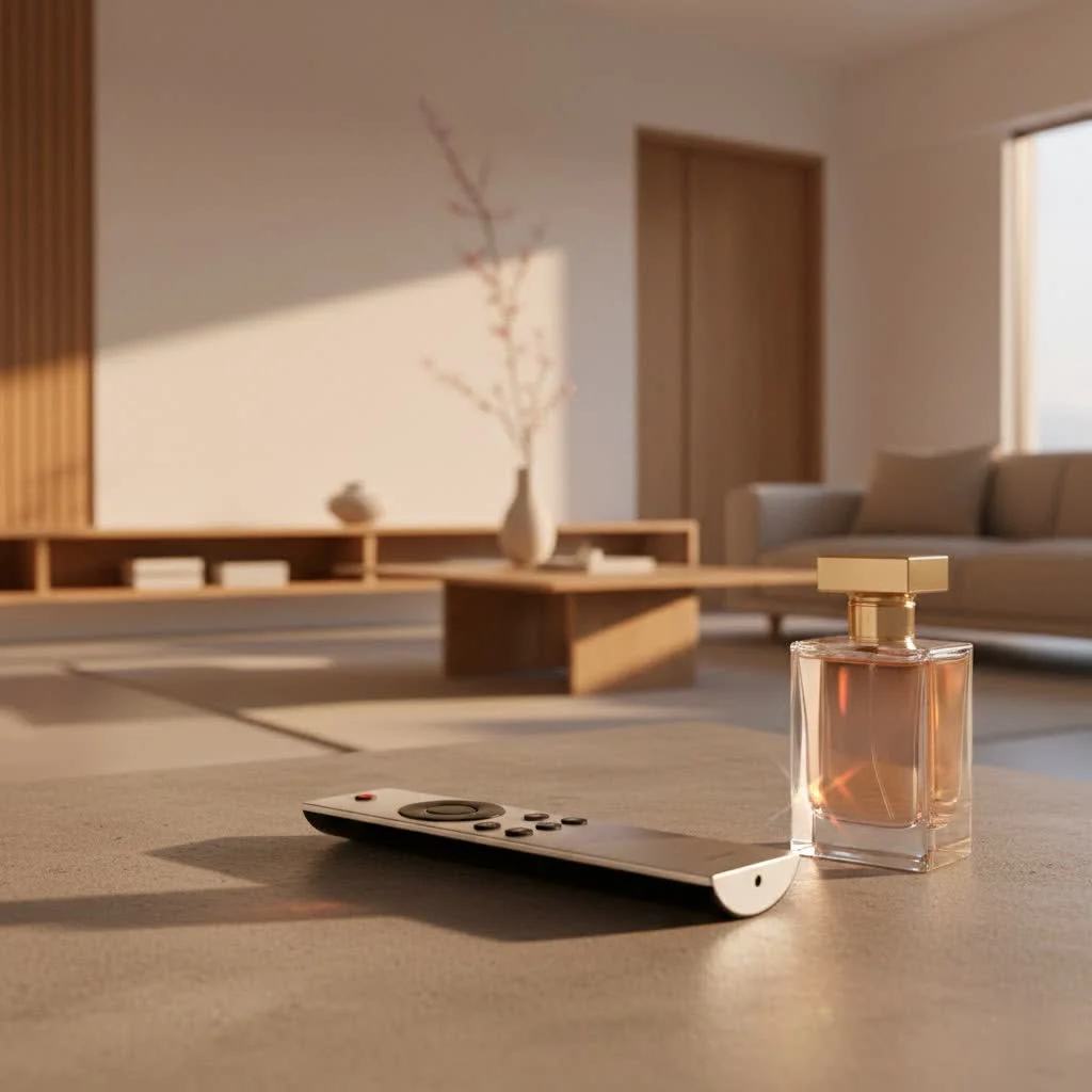 GE universal remote control on a coffee table