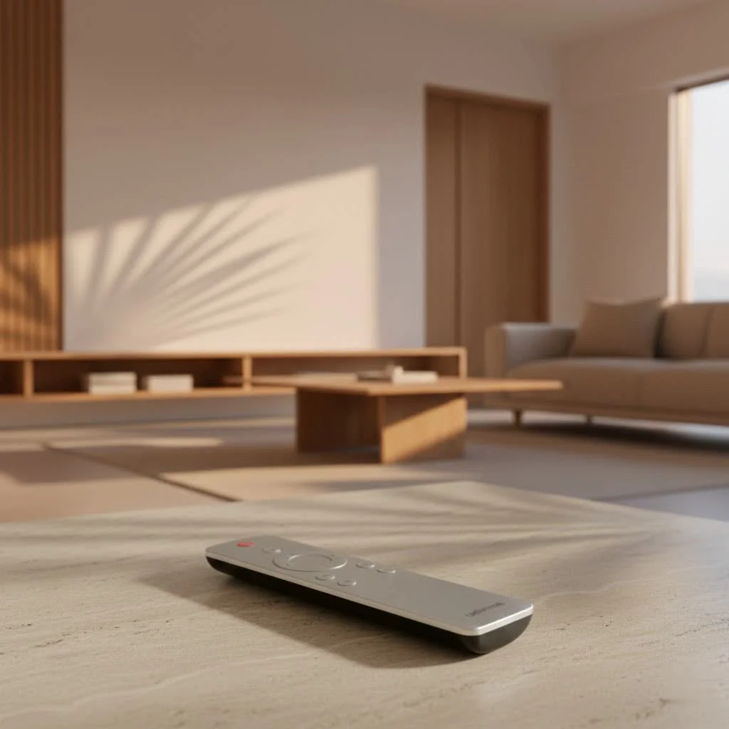 GE 6-device universal remote control on a coffee table