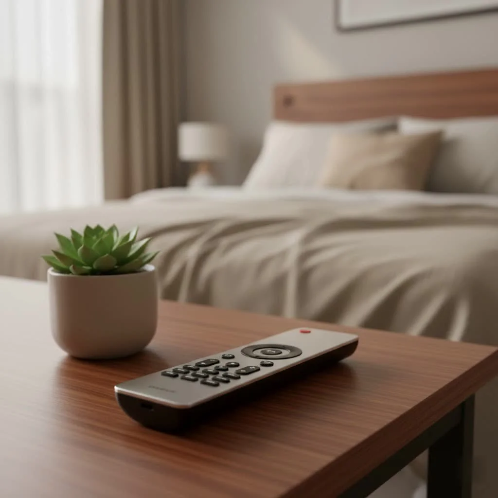 Assortment of universal remote controls on a coffee table