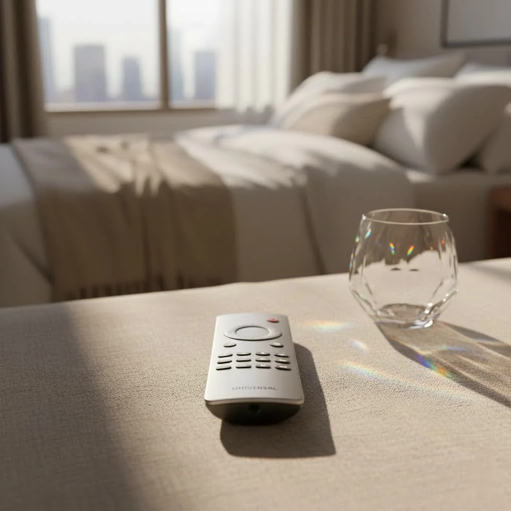 Sleek rechargeable universal remote control on a coffee table
