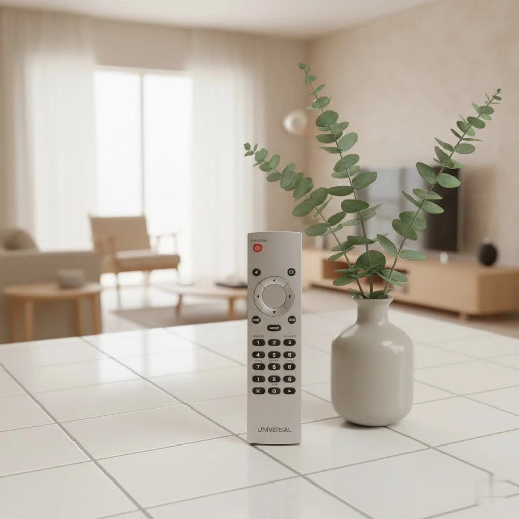 Universal remote control for Sharp TV on a coffee table