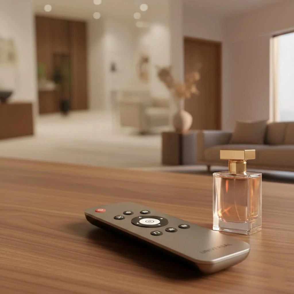 Logitech Harmony universal remote control on a coffee table