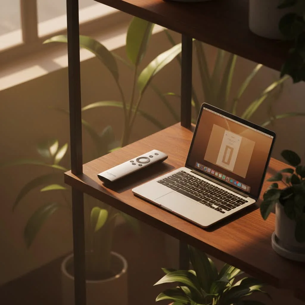 A sleek black universal remote control on a coffee table
