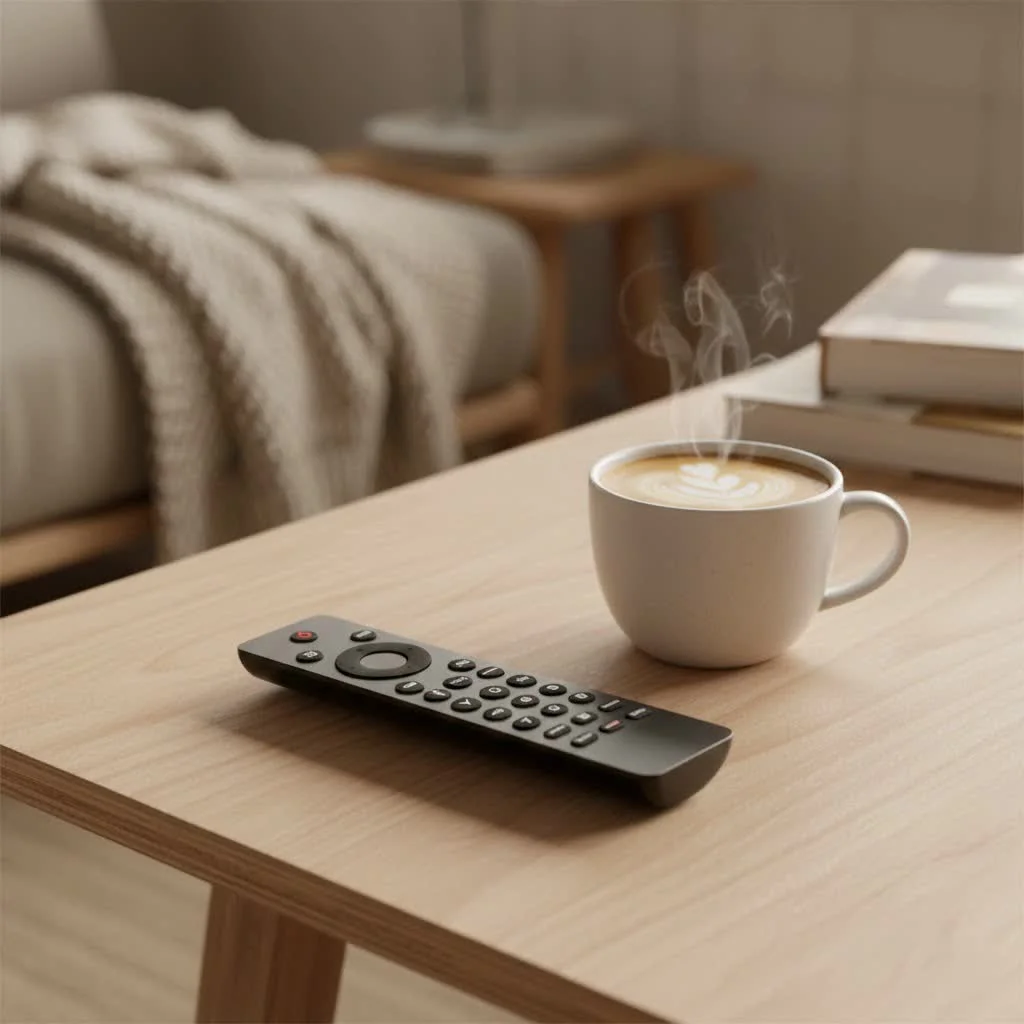 Universal remote control for Samsung TV on a coffee table