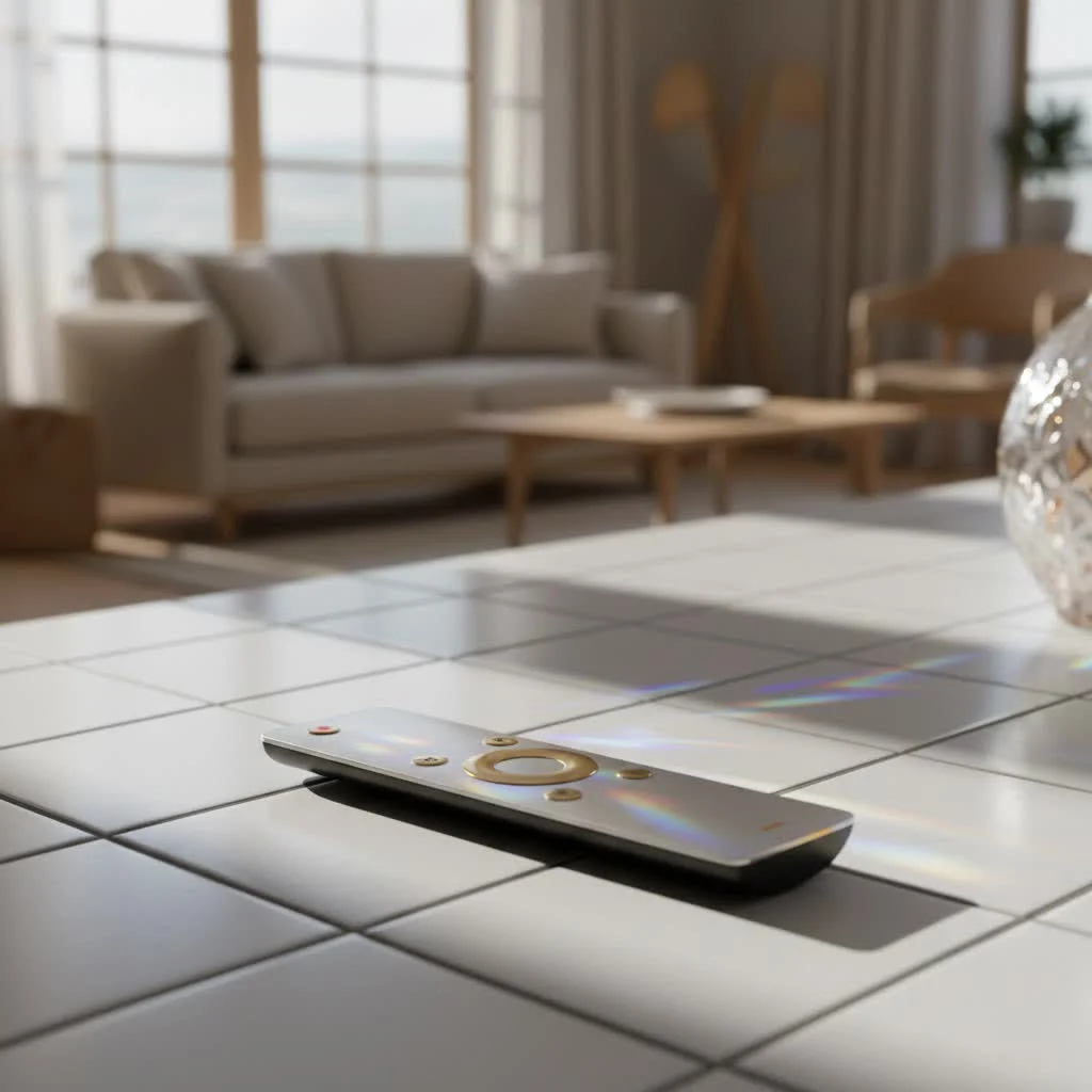 GE universal remote control on a coffee table