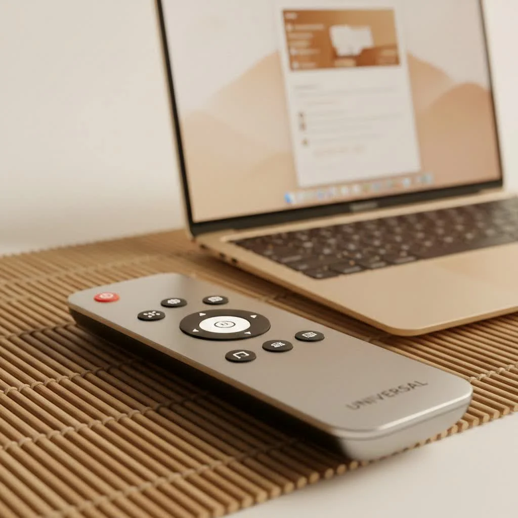 A hand holding a universal remote control, simplifying home entertainment.