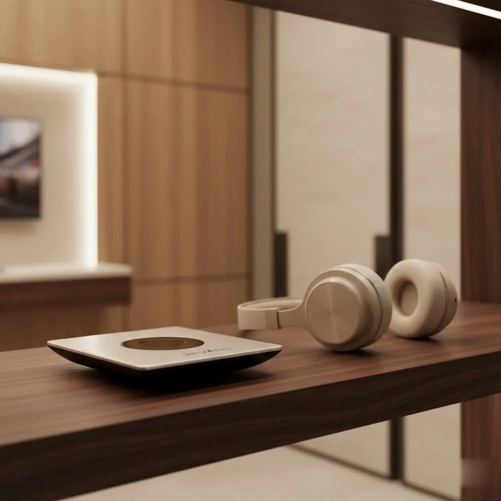 A sleek, modern universal remote control on a coffee table