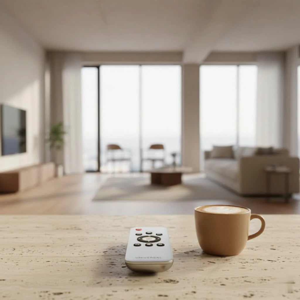 Assortment of universal remote controls on a coffee table