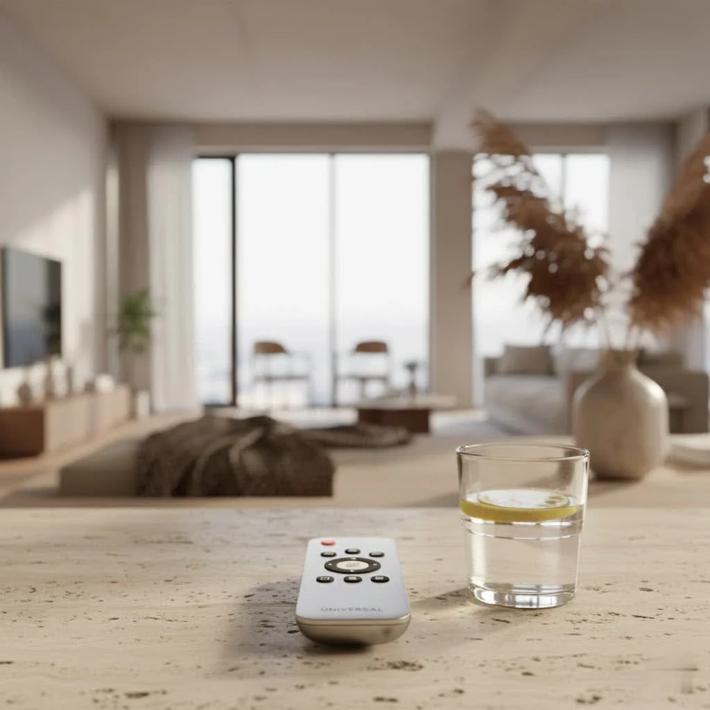 GE Designer Series 4-Device Universal Remote in a modern living room